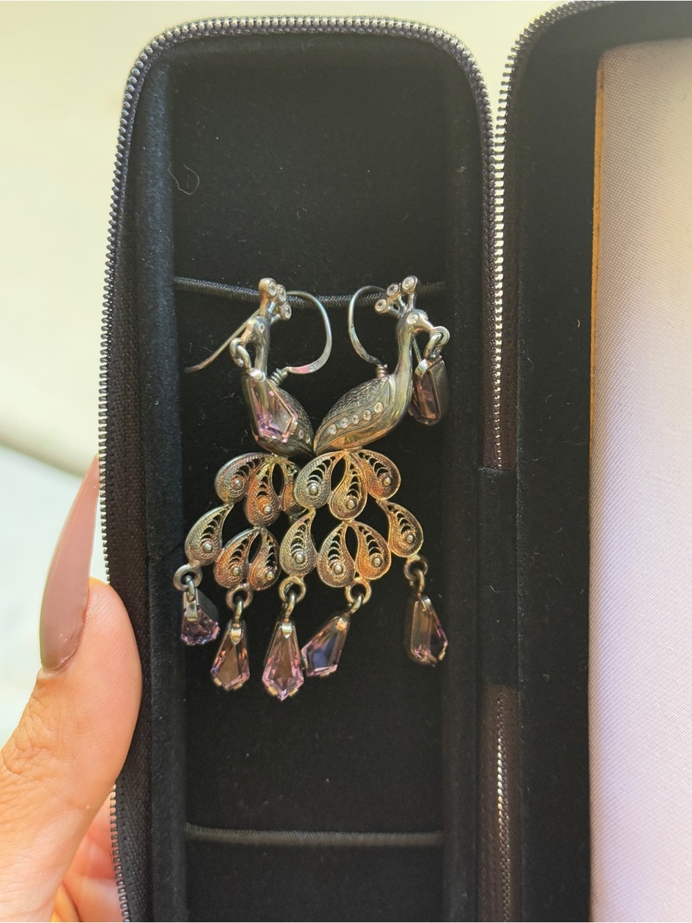 Silver-Tone Peacock Drop Earrings with Purple Crystal Accents
